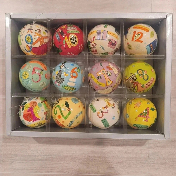 CRATE & BARREL Twelve Days of Christmas Ornament Box Set Paper Mache Folk Art - Picture 1 of 5